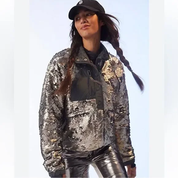 Fp Movement Free People Hit The Slopes Jacket silver sequin fleece bomber XL